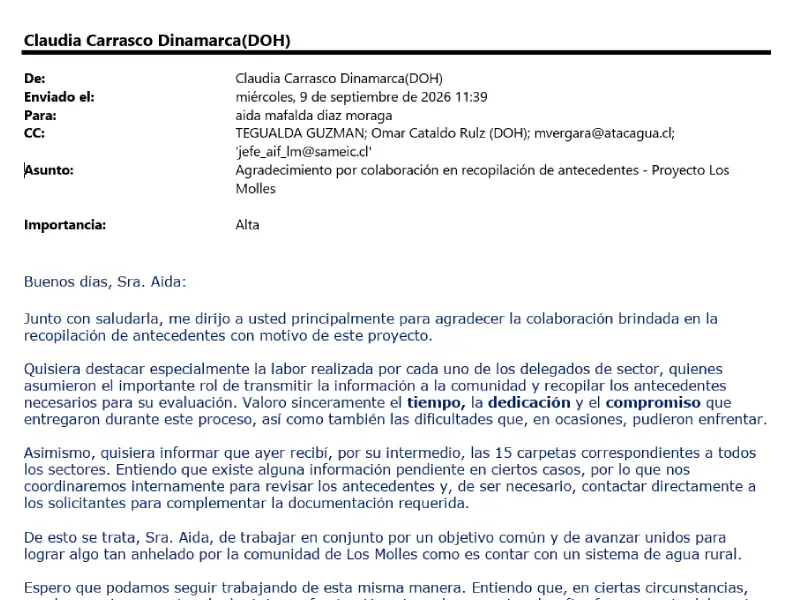 Agradecimiento por colaboración Proyecto Los Molles