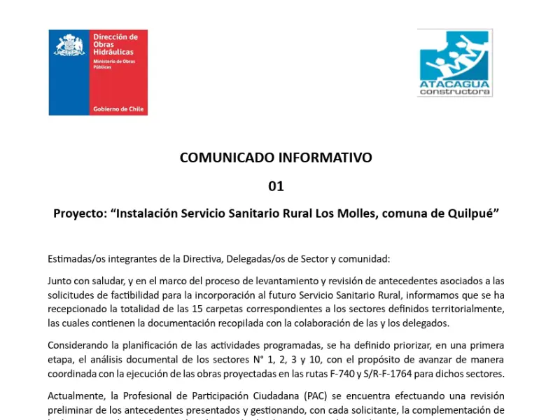 Comunicado 01 Proyecto Instalación Servicio Sanitario Rural Los Molles
